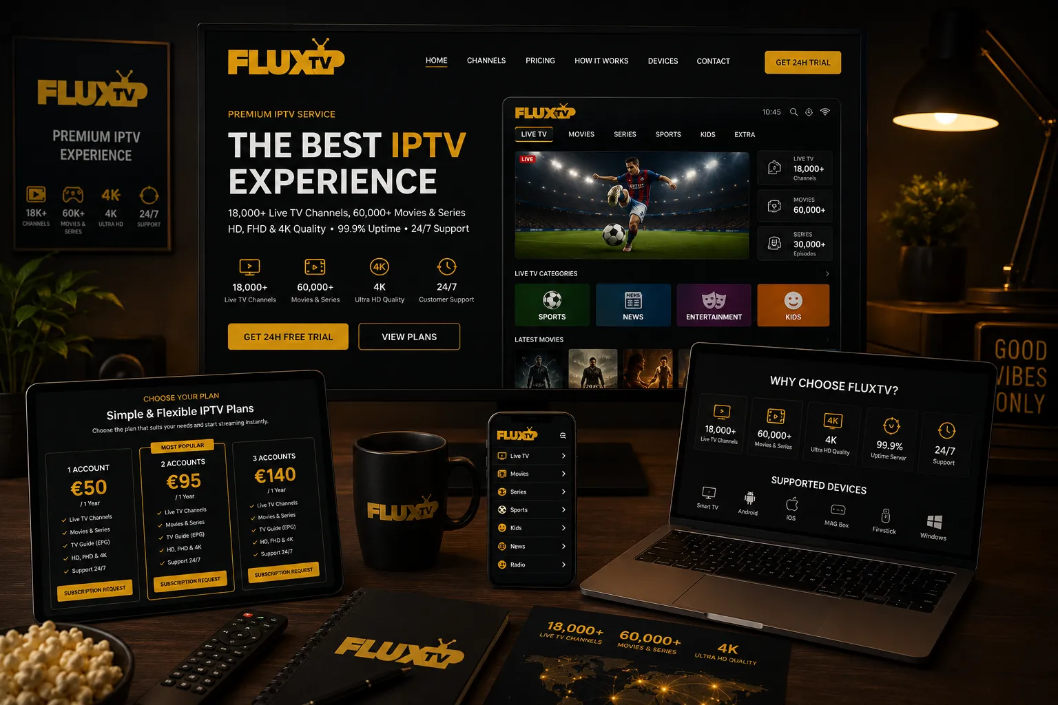 FluxIPTV multi-device IPTV streaming on Smart TV Android Firestick iPhone and PC