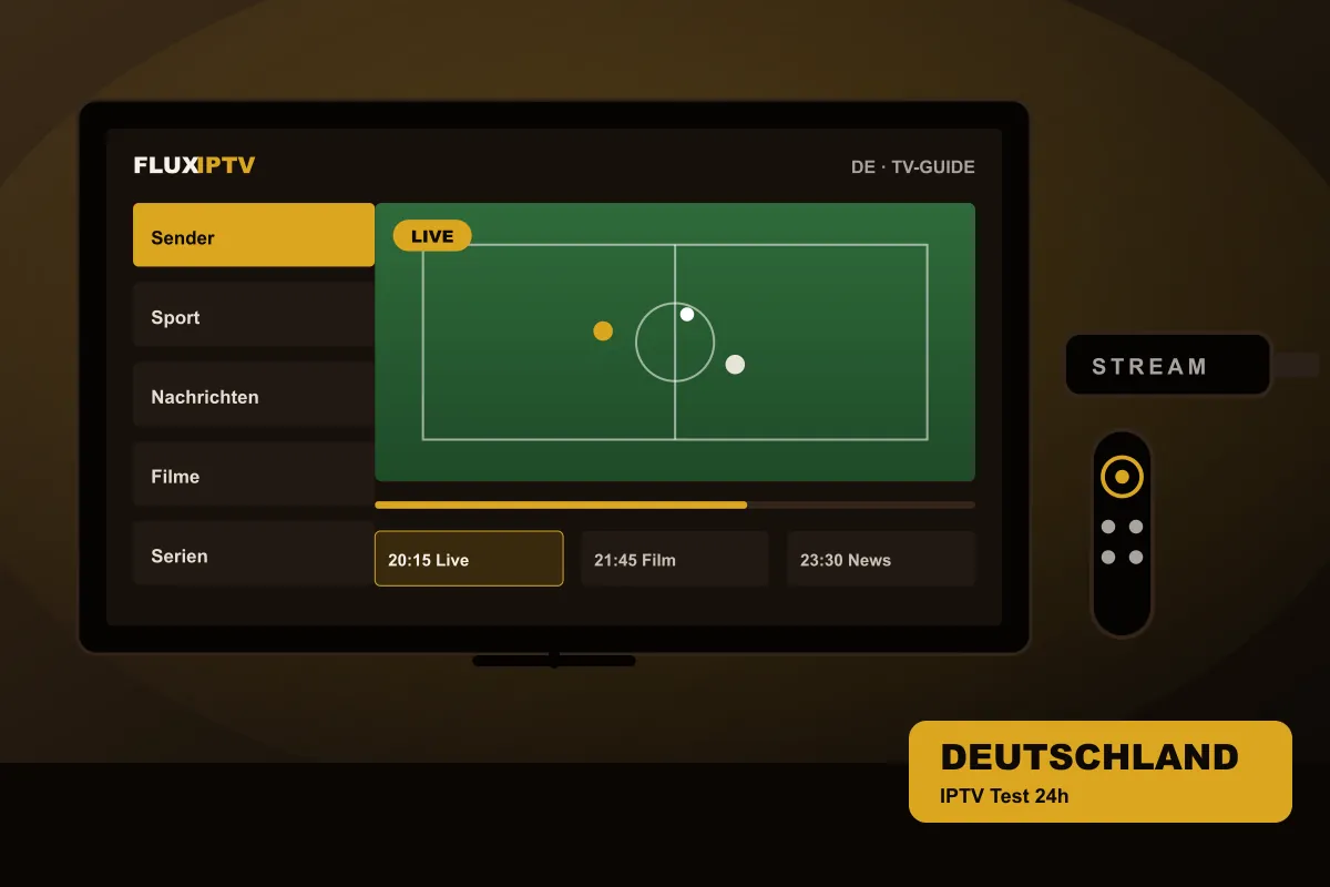 Fernseher mit deutschen Senderkategorien und ein Fire TV Stick