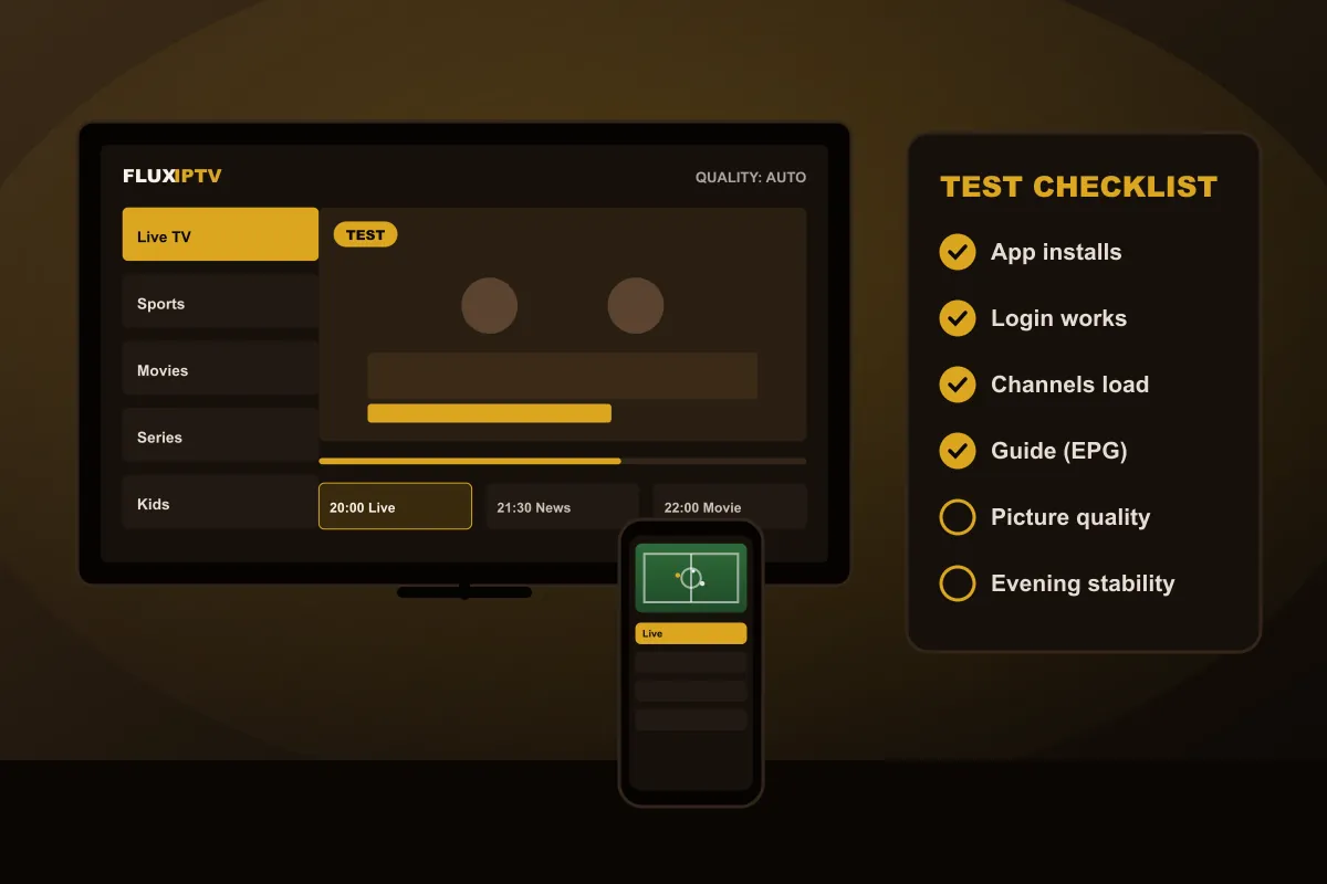 TV with a test badge next to a checklist of items to verify during an IPTV test
